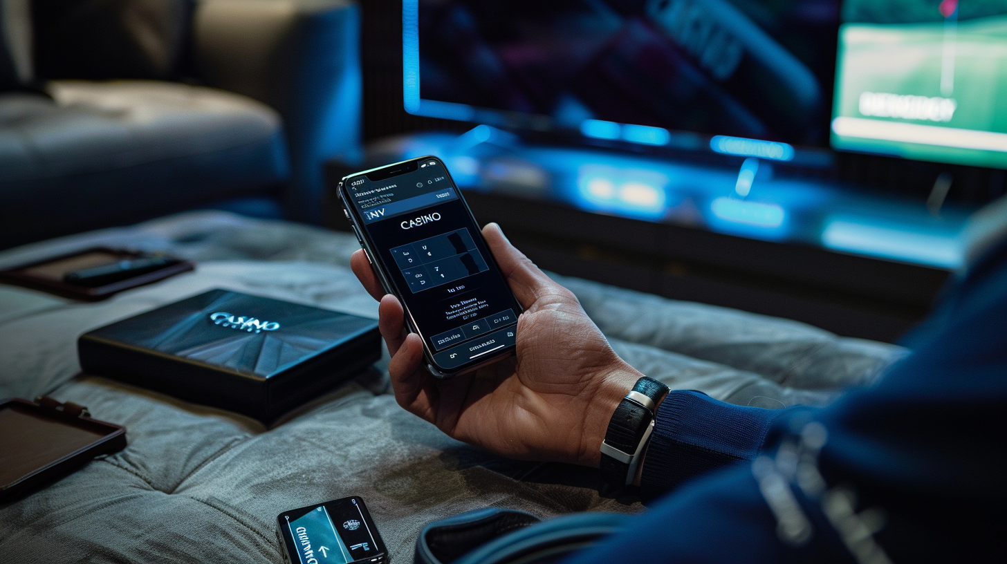 A person holding a smartphone with a clean strategic gaming interface. In the background, a large television screen displays a broadcast in a moody, sophisticated hotel suite or lounge.