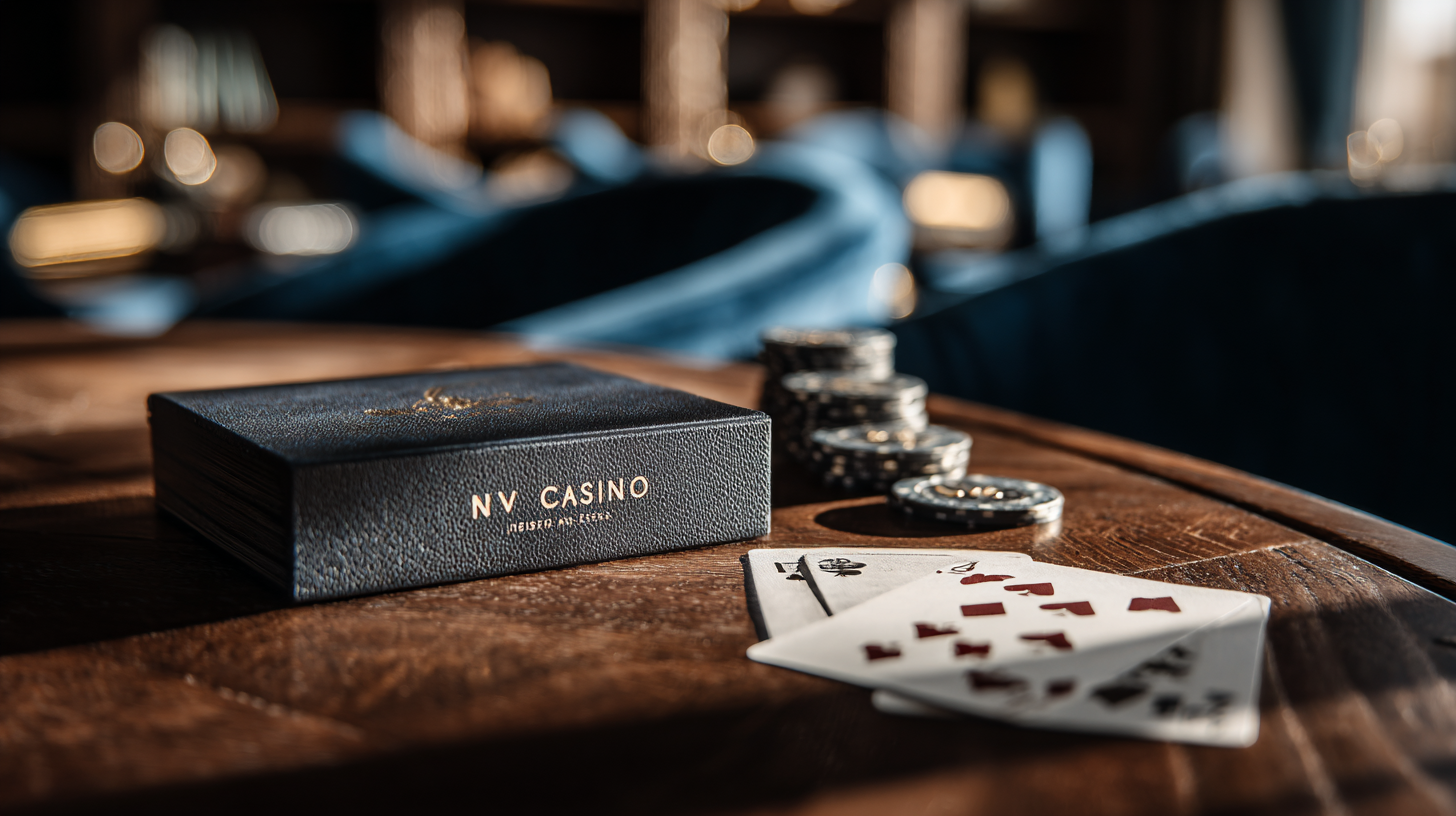 Close-up of playing cards and stacked poker chips on a dark wooden table in a luxury lounge. A premium leather card case with gold embossed "NV CASINO" lettering is visible in a "quiet luxury" aesthetic.